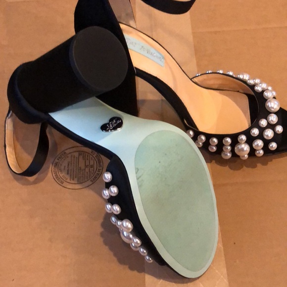 Blue by Betsey Johnson Black Satin Poppy Pearl Embellished Flat Sandals - Picture 3 of 4